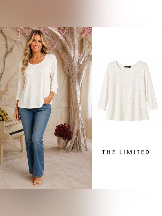 The Limited Tops - NEW The Limited Cream Scoop Neck Studded Long Sleeve Top